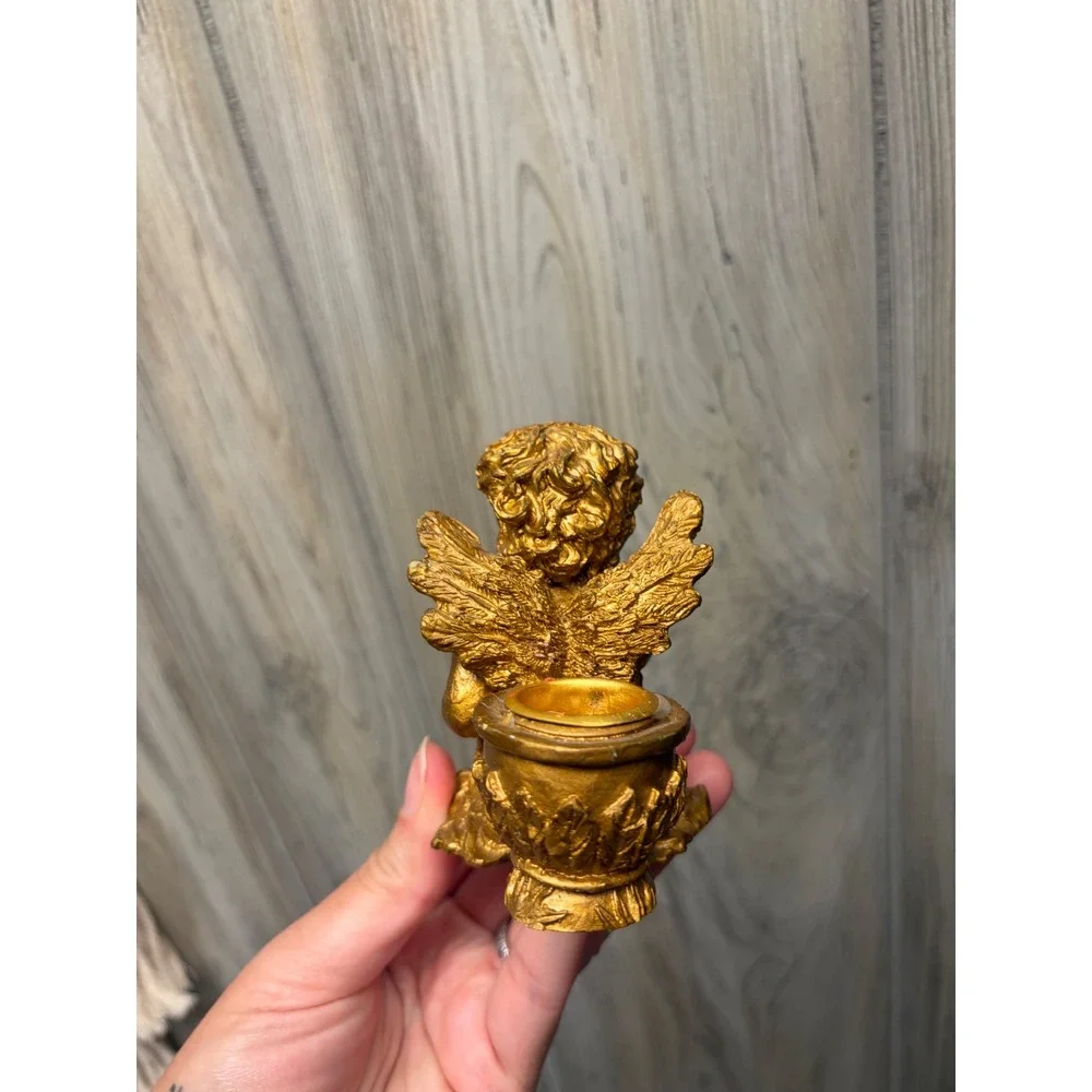 Vintage Gold Cherub Angel Figurine Small Taper Candle Holder Decorative Statue